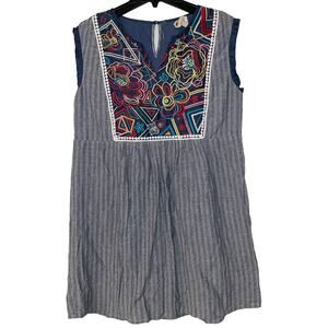Savanna Jane size Large Embroidered Sleeveless Chambray Mini Dress Boho Southern